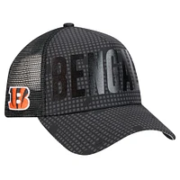 Men's New Era Black Cincinnati Bengals  Midnight Ink Tonal Text A-Frame Trucker 9FORTY Adjustable Hat