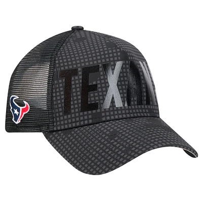 Men's New Era Black Houston Texans  Midnight Ink Tonal Text A-Frame Trucker 9FORTY Adjustable Hat