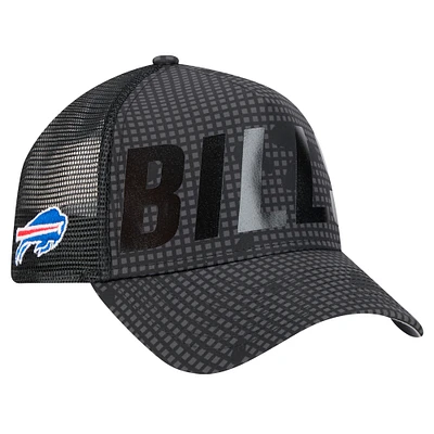 Men's New Era Black Buffalo Bills  Midnight Ink Tonal Text A-Frame Trucker 9FORTY Adjustable Hat