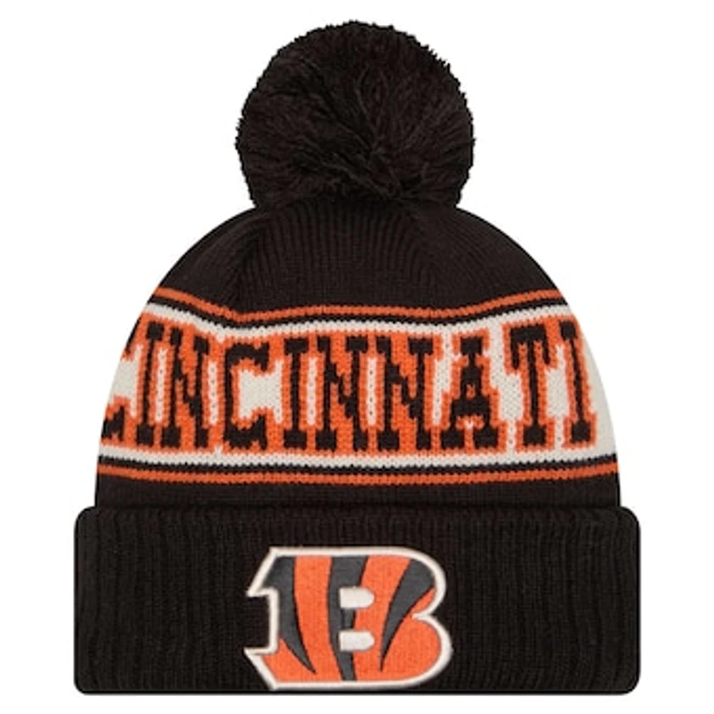 Men's New Era Black Cincinnati Bengals Retro Cuffed Knit Hat with Pom