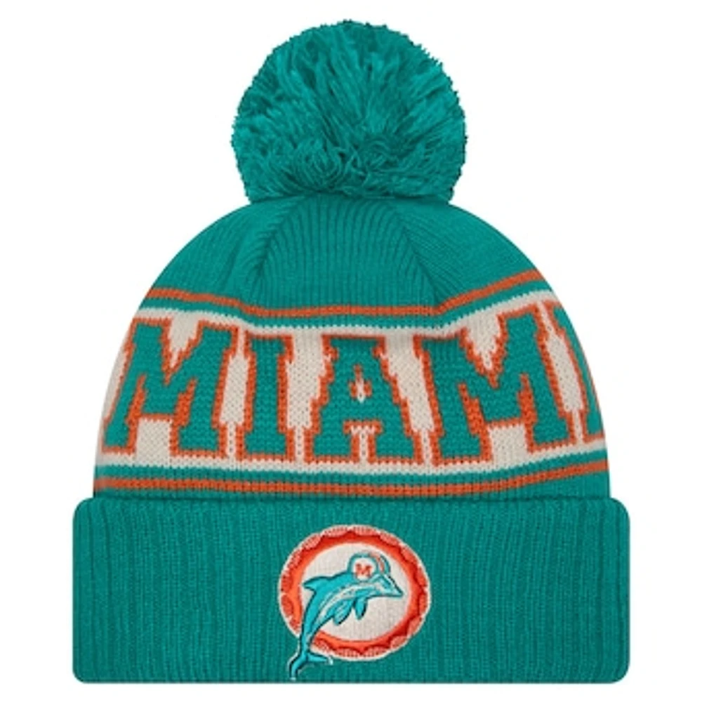 Men's New Era Aqua Miami Dolphins Retro Cuffed Knit Hat with Pom