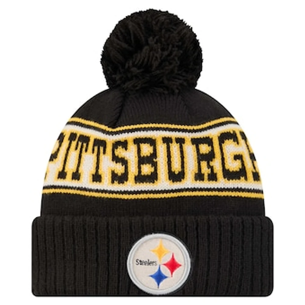 Men's New Era Black Pittsburgh Steelers Retro Cuffed Knit Hat with Pom