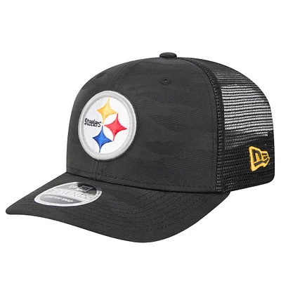 Men's New Era Black Pittsburgh Steelers Adventure Camo Trucker 9SEVENTY Stretch-Snap Adjustable Hat