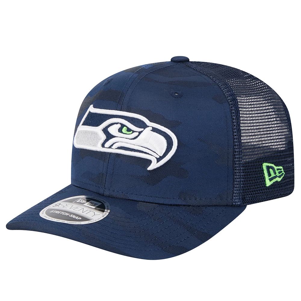 Men's New Era College Navy Seattle Seahawks Adventure Camo Trucker 9SEVENTY Stretch-Snap Adjustable Hat