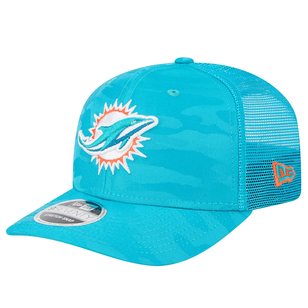 Men's New Era Aqua Miami Dolphins Adventure Camo Trucker 9SEVENTY Stretch-Snap Adjustable Hat