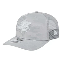 Men's New Era Gray Miami Dolphins Adventure Camo Trucker 9SEVENTY Stretch-Snap Adjustable Hat