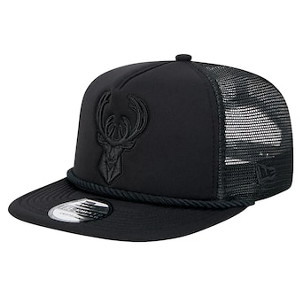 Men's New Era Black Milwaukee Bucks Tone Foam Meshback Golfer Snapback Hat