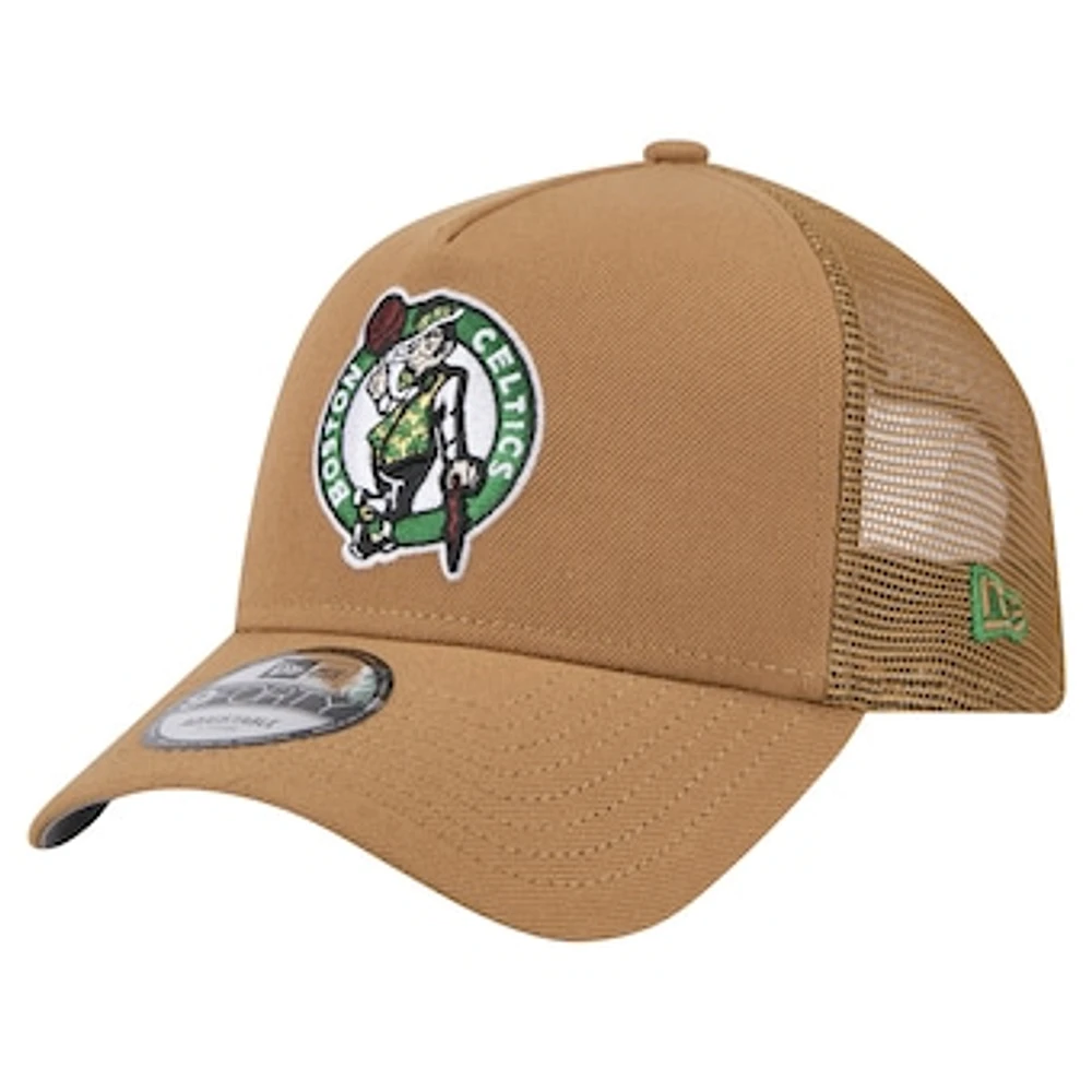 Men's New Era Tan Boston Celtics 9FORTY A-Frame Trucker Adjustable Hat