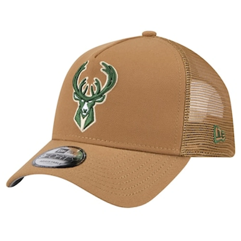 Men's New Era Tan Milwaukee Bucks 9FORTY A-Frame Trucker Adjustable Hat