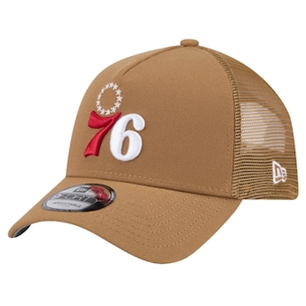 Men's New Era Tan Philadelphia 76ers 9FORTY A-Frame Trucker Adjustable Hat