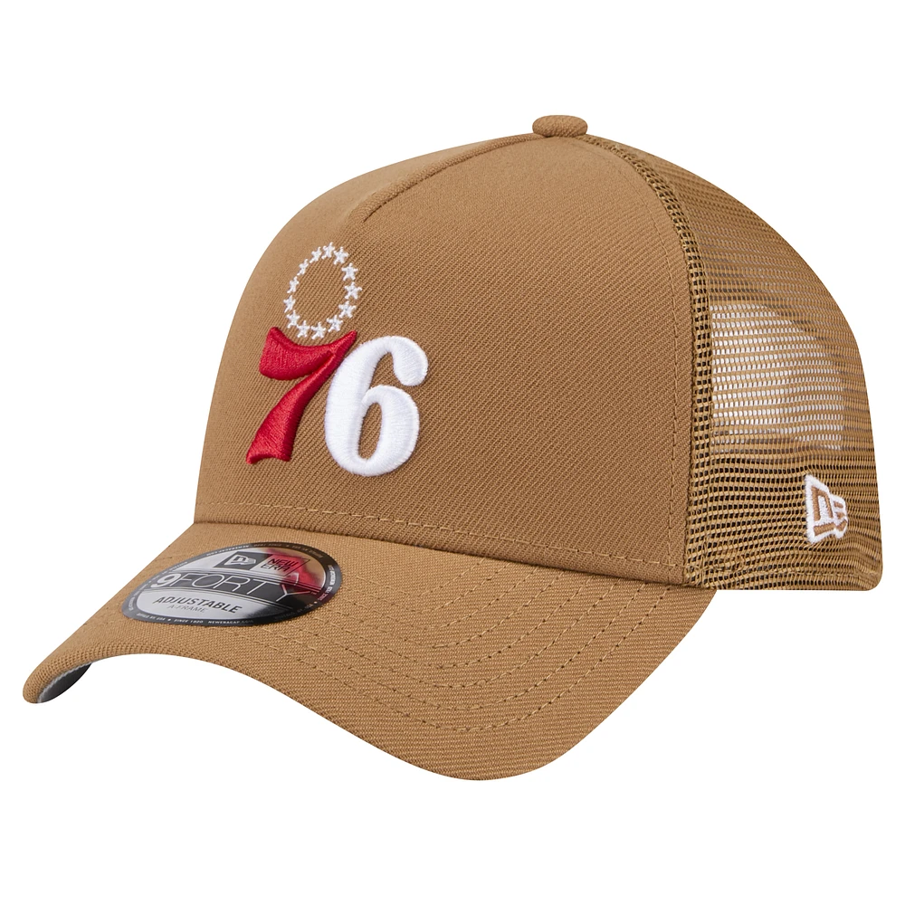 Men's New Era Tan Philadelphia 76ers 9FORTY A-Frame Trucker Adjustable Hat