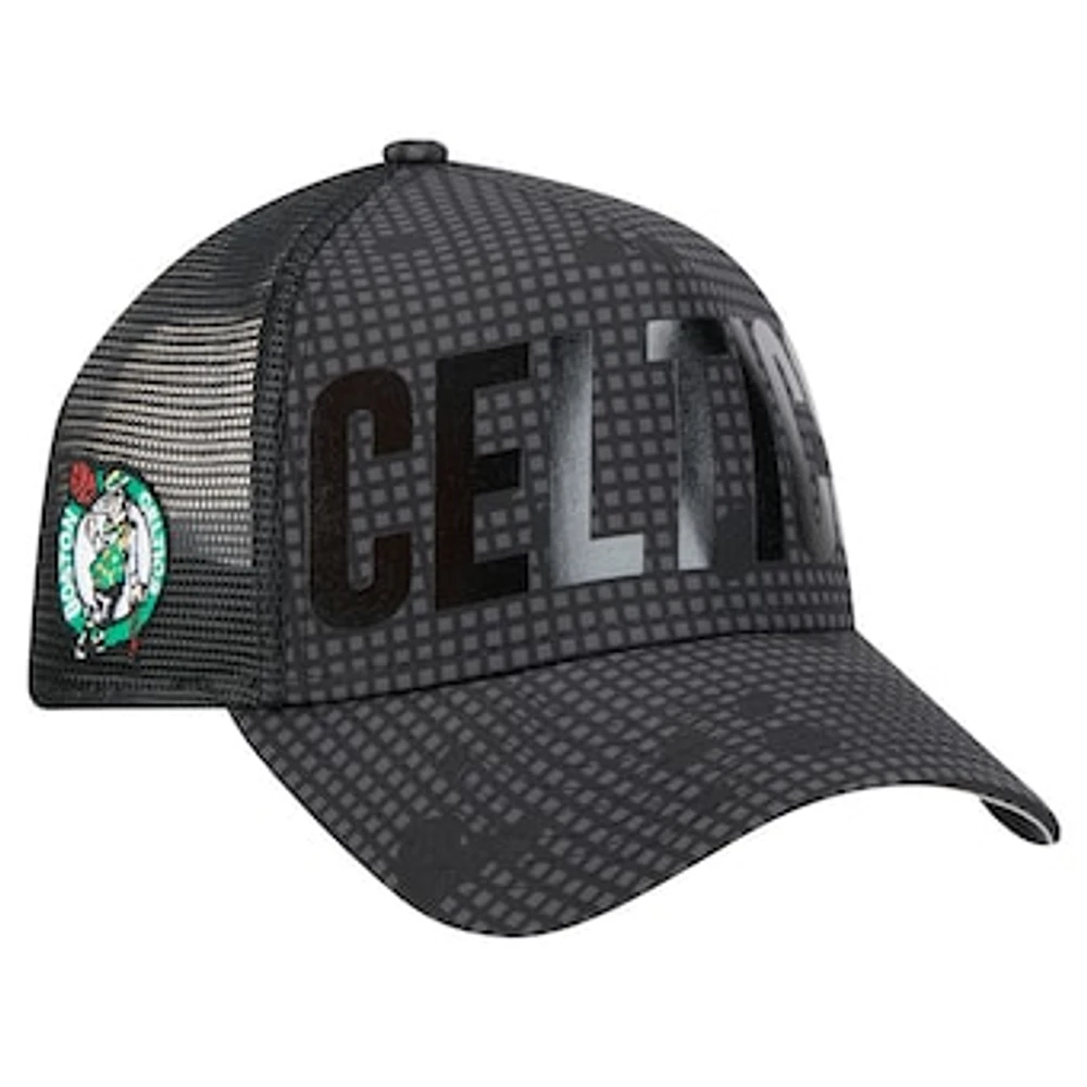 Men's New Era Black Boston Celtics Midnight Ink Tonal A-Frame Trucker 9FORTY Adjustable Hat