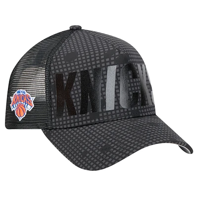 Men's New Era Black New York Knicks Midnight Ink Tonal A-Frame Trucker 9FORTY Adjustable Hat