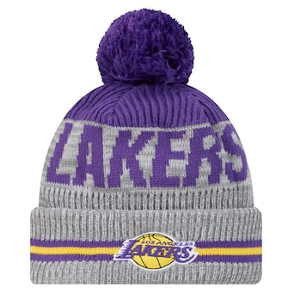 Men's New Era Gray Los Angeles Lakers Sport Night Runner Cuffed Knit Hat with Pom