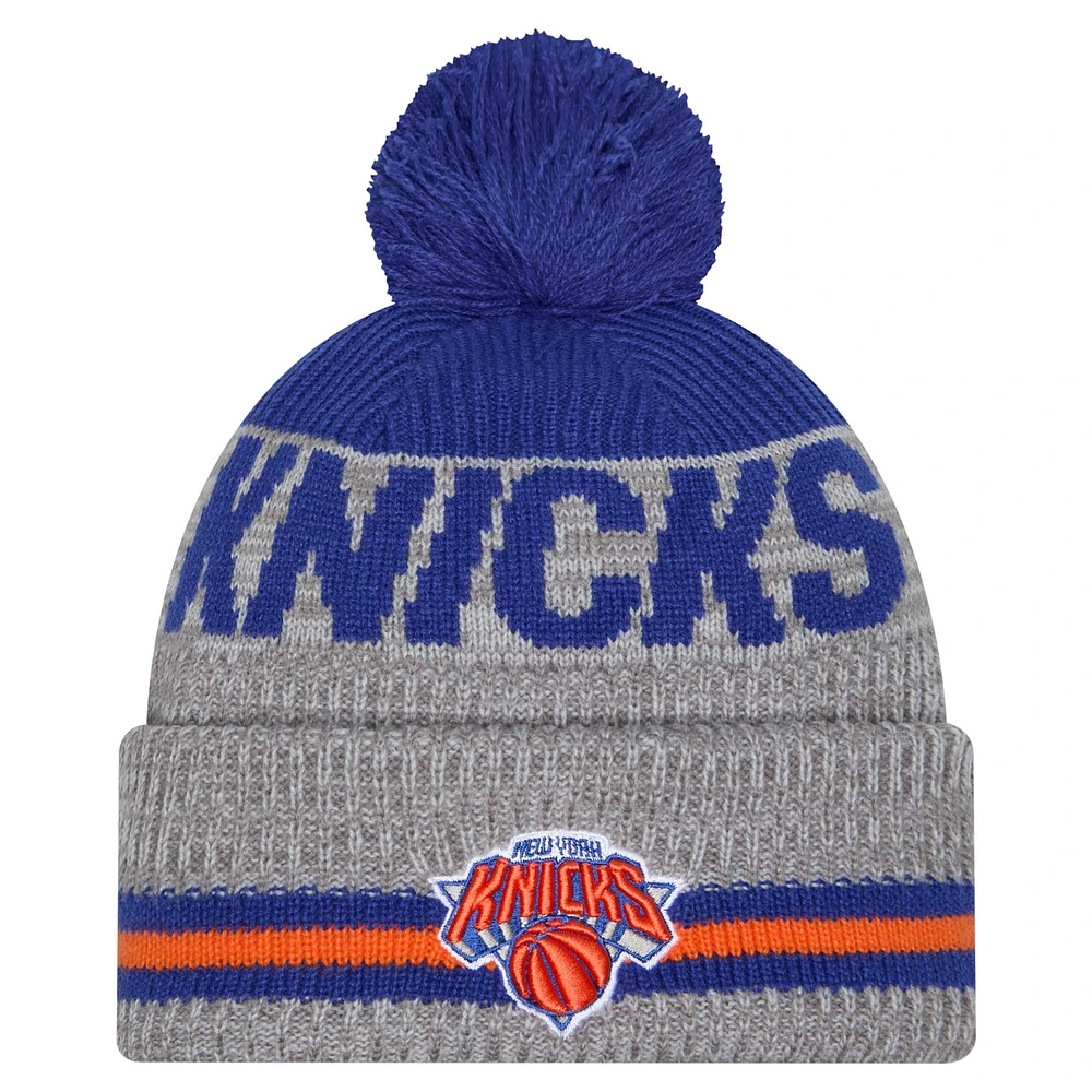 Men's New Era Gray New York Knicks Sport Night Runner Cuffed Knit Hat with Pom