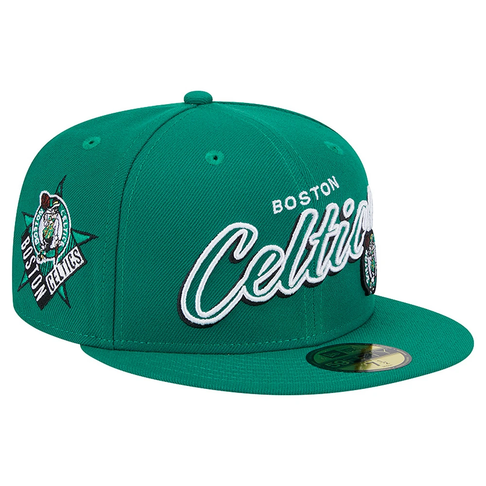 Men's New Era Kelly Green Boston Celtics Sport Night Script Sided 59FIFTY Fitted Hat