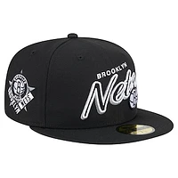 Men's New Era Black Brooklyn Nets Sport Night Script Sided 59FIFTY Fitted Hat