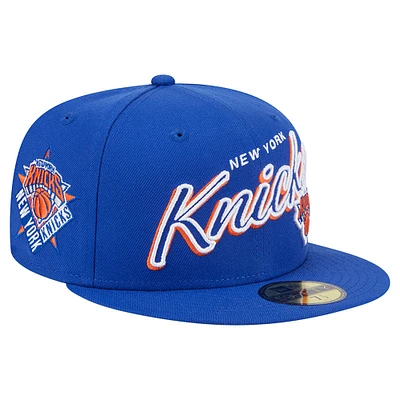 Men's New Era Blue York Knicks Sport Night Script Sided 59FIFTY Fitted Hat