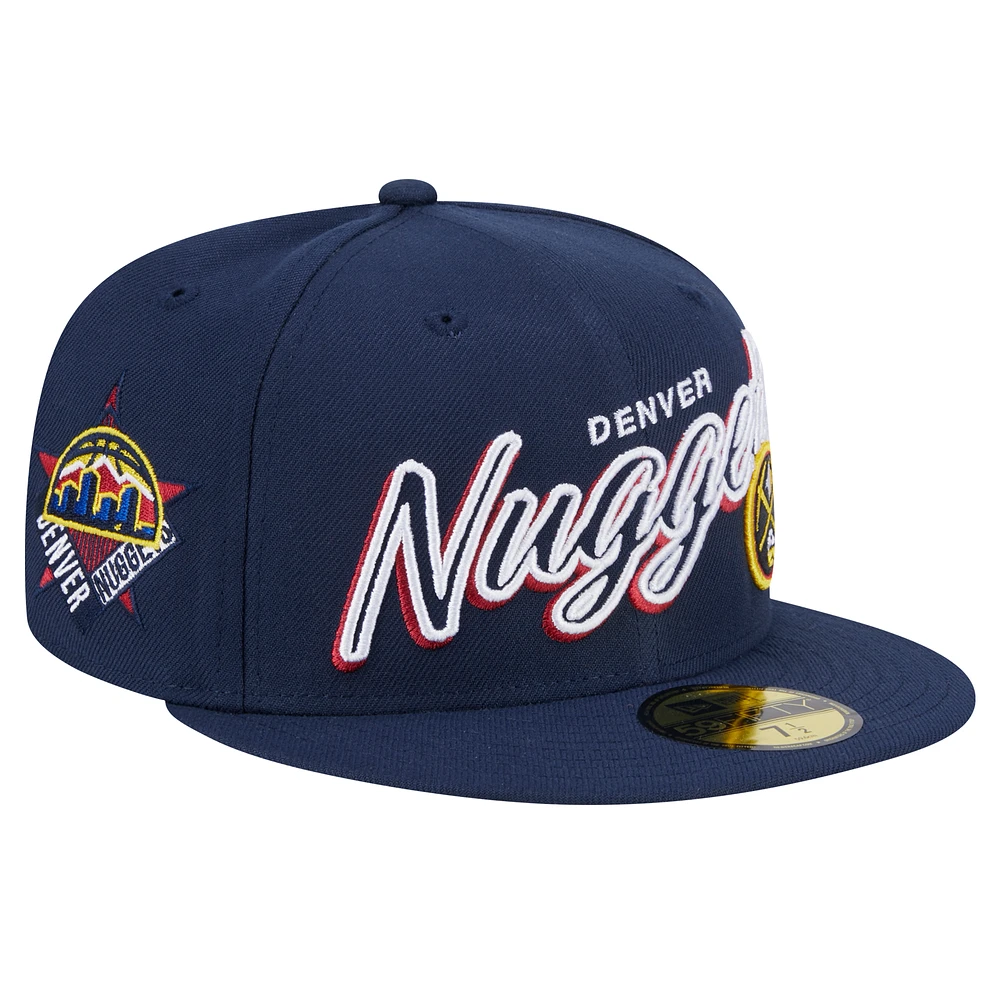 Men's New Era Navy Denver Nuggets Sport Night Script Sided 59FIFTY Fitted Hat