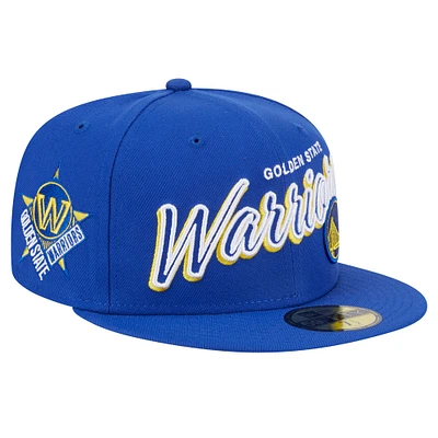 Men's New Era Royal Golden State Warriors Sport Night Script Sided 59FIFTY Fitted Hat