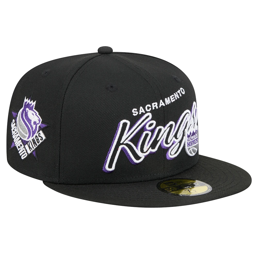 Men's New Era Black Sacramento Kings Sport Night Script Sided 59FIFTY Fitted Hat