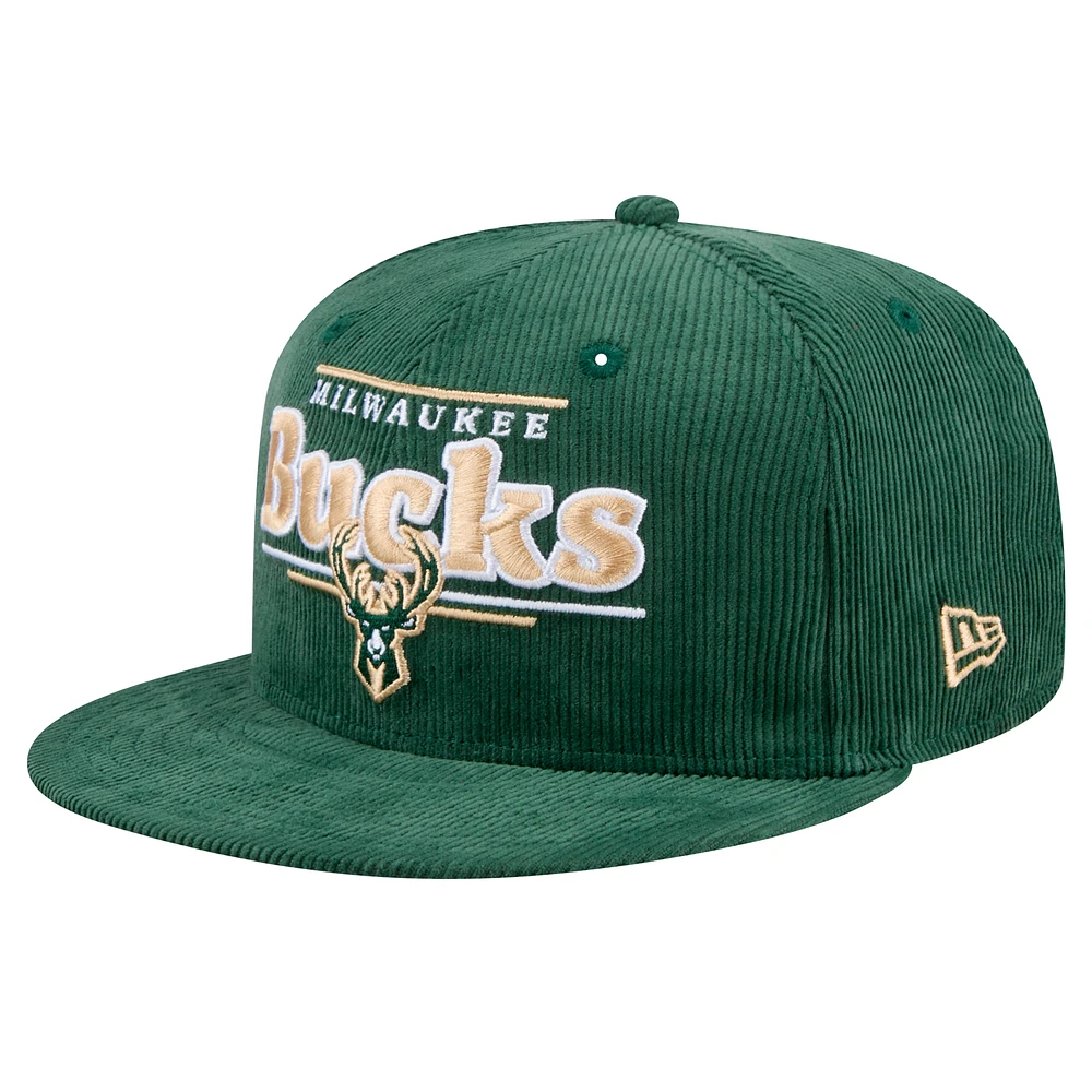 Men's New Era Hunter Green Milwaukee Bucks Throwback Display Corduroy 9FIFTY Snapback Hat