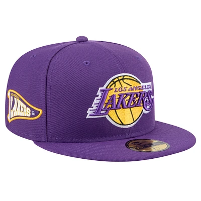 Men's New Era Purple Los Angeles Lakers Throwback Pennant 59FIFTY Fitted Hat