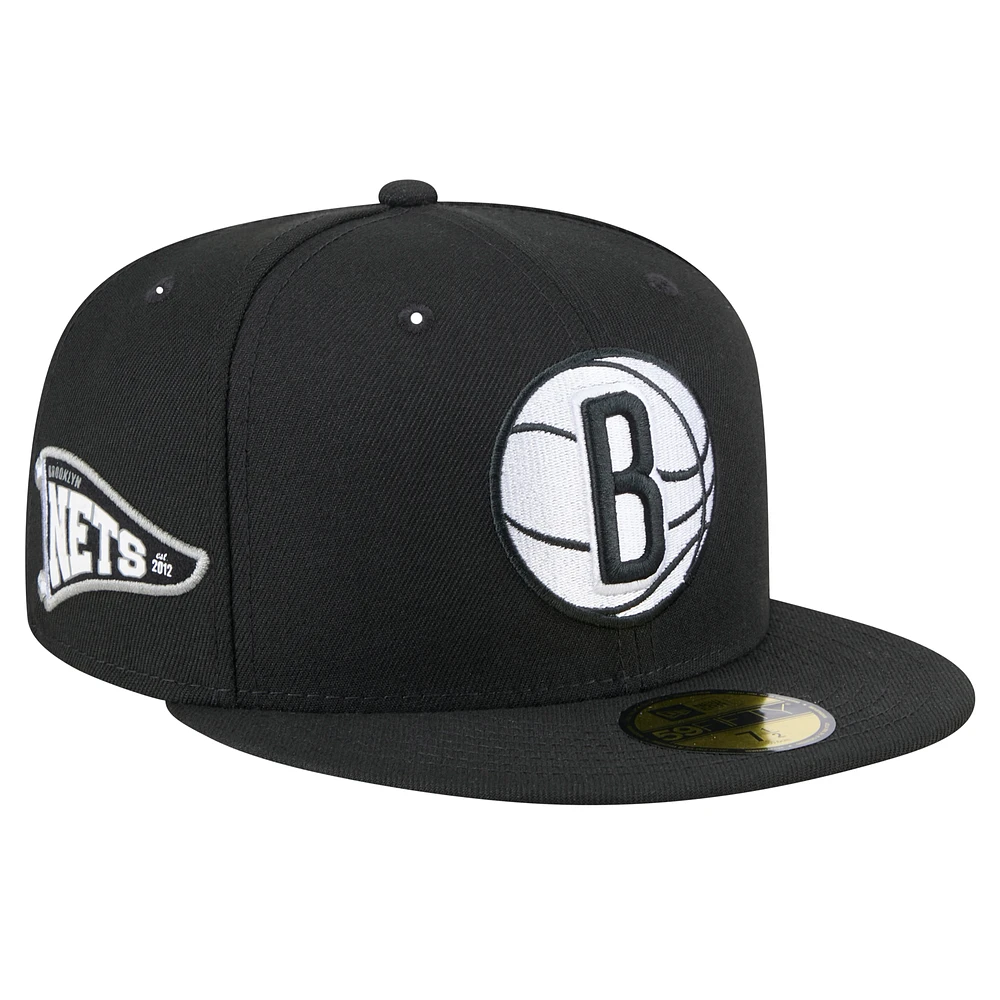 Men's New Era Black Brooklyn Nets Throwback Pennant 59FIFTY Fitted Hat