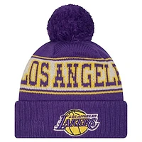 Men's New Era Purple Los Angeles Lakers Throwback Retro Cuffed Knit Hat with Pom