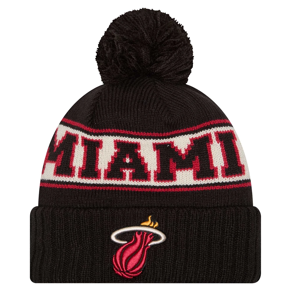 Men's New Era Black Miami Heat Throwback Retro Cuffed Knit Hat with Pom