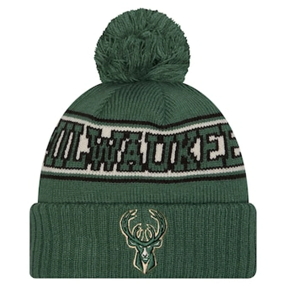 Men's New Era Hunter Green Milwaukee Bucks Throwback Retro Cuffed Knit Hat with Pom