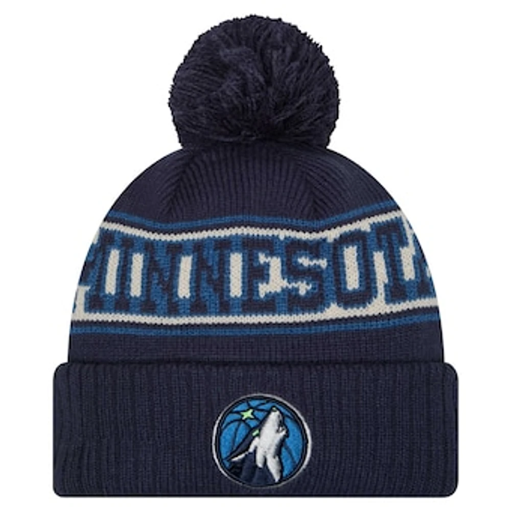 Men's New Era Navy Minnesota Timberwolves Throwback Retro Cuffed Knit Hat with Pom