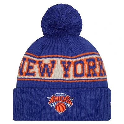 Men's New Era Blue New York Knicks Throwback Retro Cuffed Knit Hat with Pom