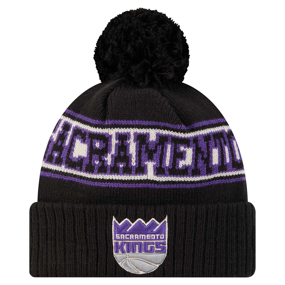 Men's New Era Black Sacramento Kings Throwback Retro Cuffed Knit Hat with Pom