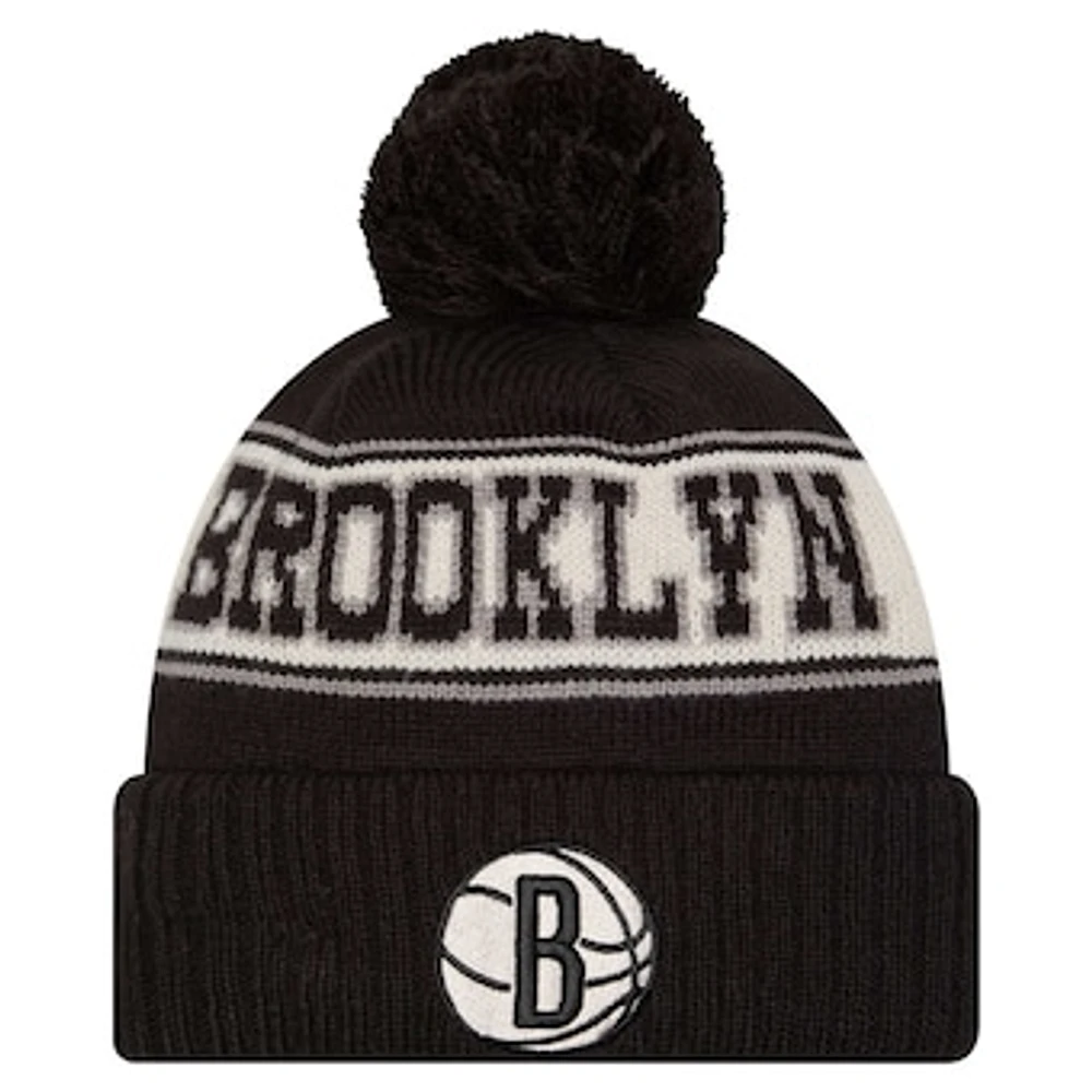 Men's New Era Black Brooklyn Nets Throwback Retro Cuffed Knit Hat with Pom