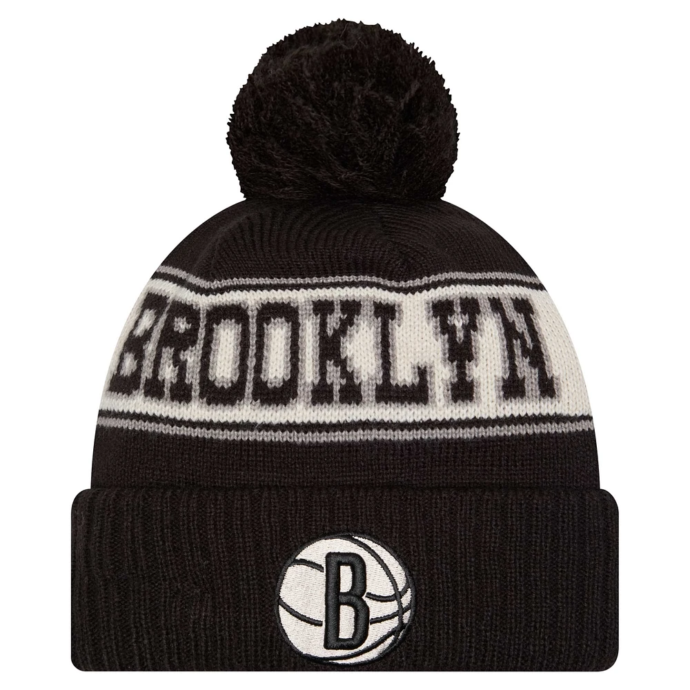 Men's New Era Black Brooklyn Nets Throwback Retro Cuffed Knit Hat with Pom