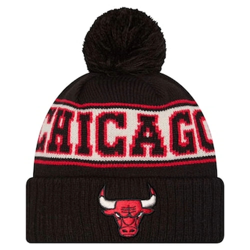 Men's New Era Black Chicago Bulls Throwback Retro Cuffed Knit Hat with Pom