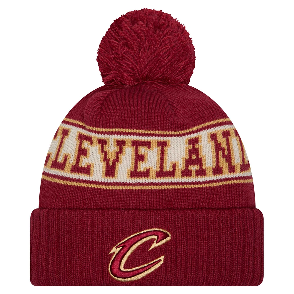 Men's New Era Wine Cleveland Cavaliers Throwback Retro Cuffed Knit Hat with Pom