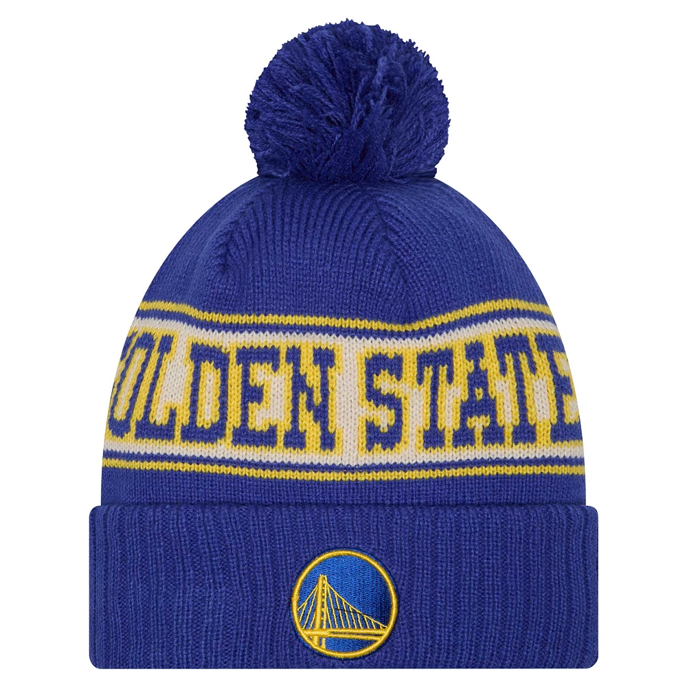 Men's New Era Royal Golden State Warriors Throwback Retro Cuffed Knit Hat with Pom