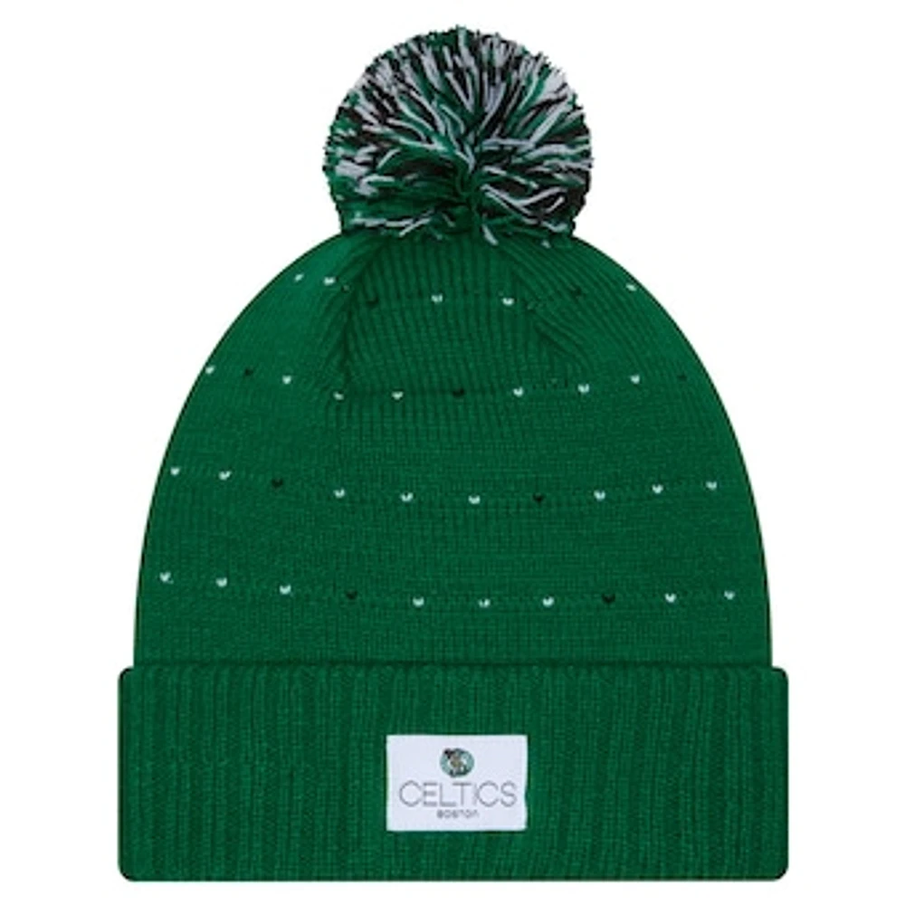 Women's New Era Kelly Green Boston Celtics Throwback Labeled Patch Cuffed Knit Hat with Pom