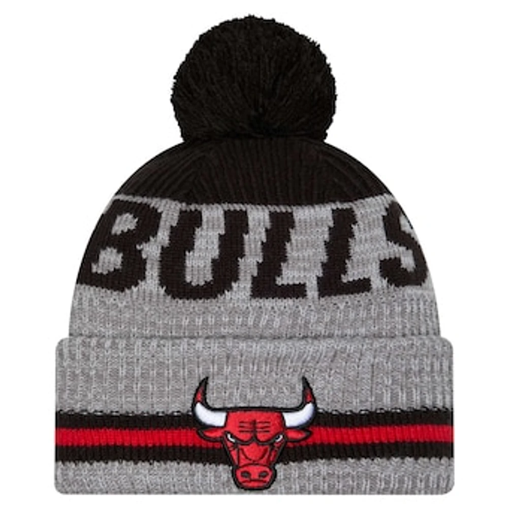 Youth New Era Gray Chicago Bulls Sport Night Runner Cuffed Knit Hat with Pom