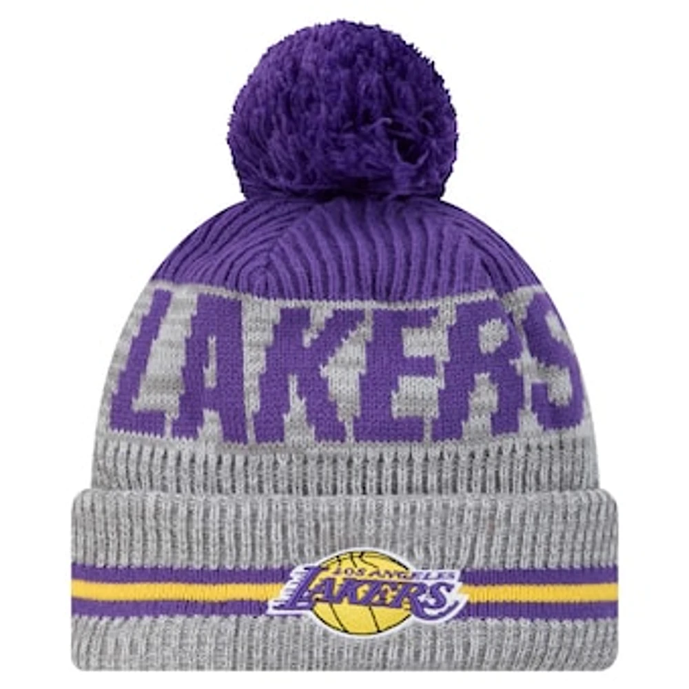 Youth New Era Gray Los Angeles Lakers Sport Night Runner Cuffed Knit Hat with Pom