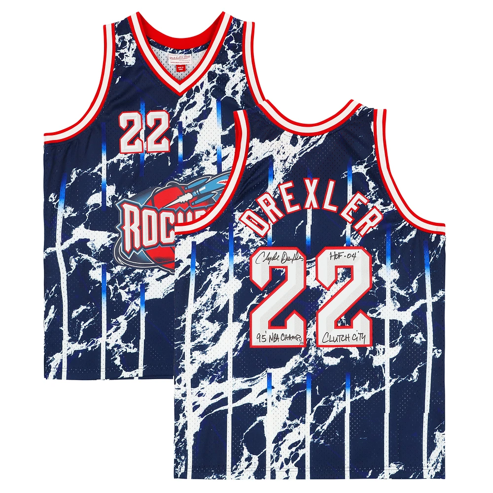 Clyde Drexler Houston Rockets Autographed Navy Marble Mitchell & Ness 1996-1997 Swingman Jersey with Multiple Inscriptions