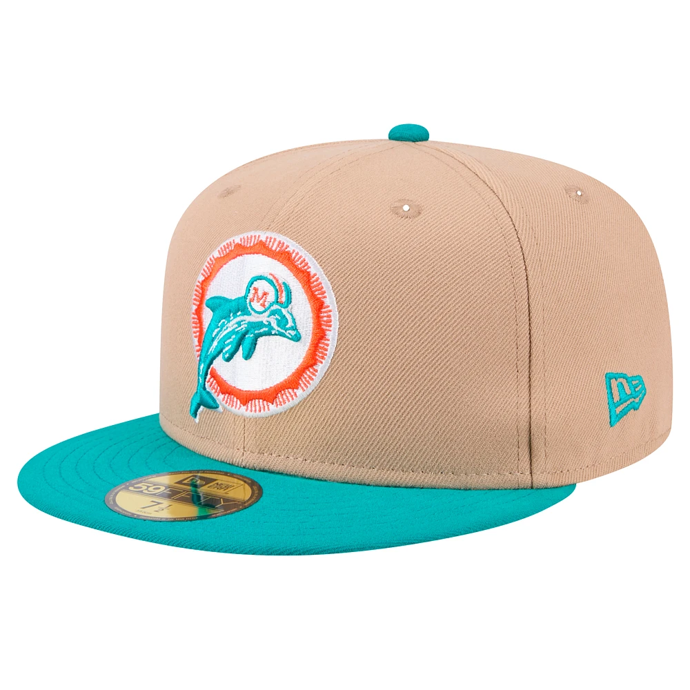 Men's New Era Tan Miami Dolphins  Throwback Logo Main 59FIFTY Fitted Hat