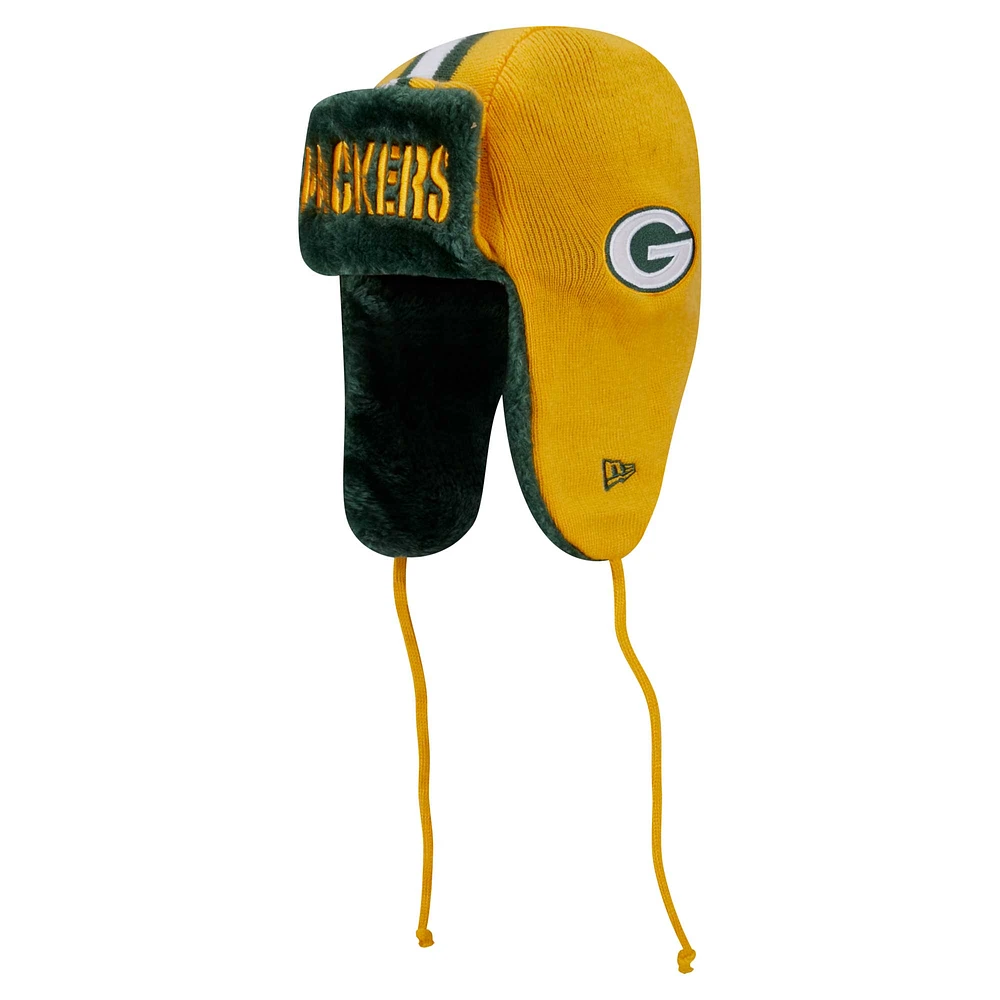 Men's New Era Gold Green Bay Packers Helmet Head Trapper Knit Hat