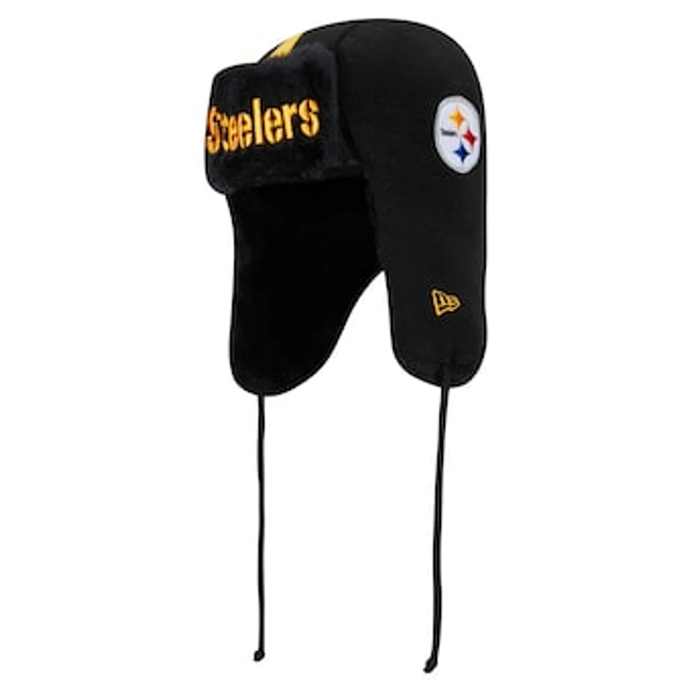 Men's New Era Black Pittsburgh Steelers Helmet Head Trapper Knit Hat