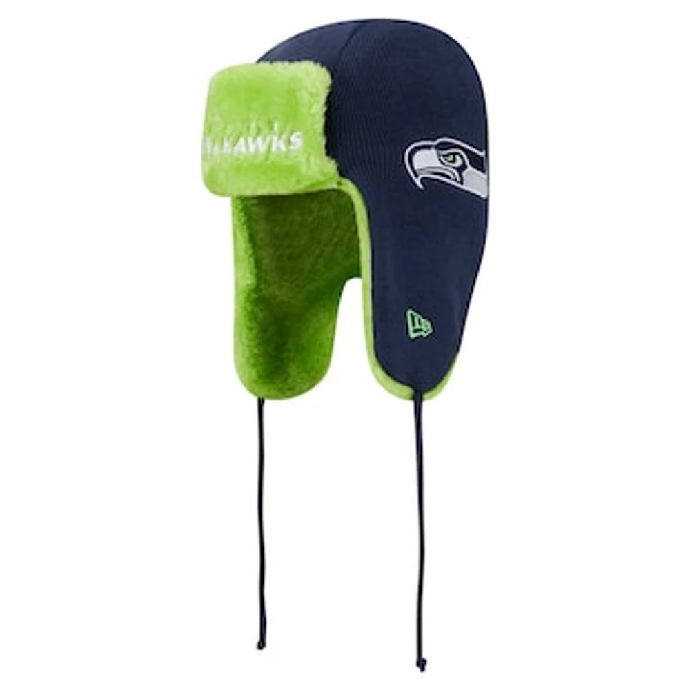 Men's New Era College Navy Seattle Seahawks Helmet Head Trapper Knit Hat