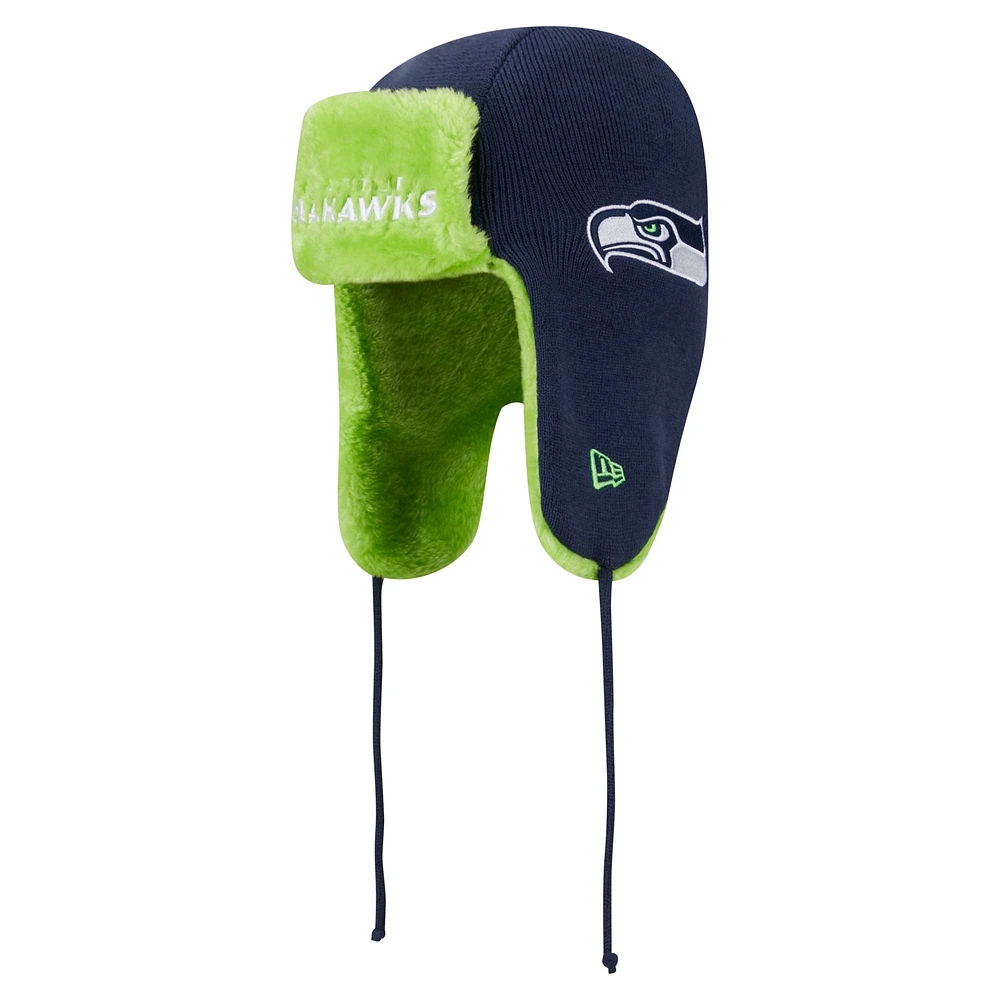 Men's New Era College Navy Seattle Seahawks Helmet Head Trapper Knit Hat