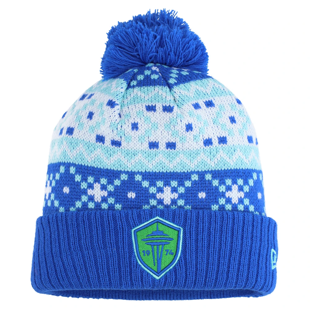 Men's New Era Blue Seattle Sounders FC Nostalgia Cuffed Knit Hat with Pom