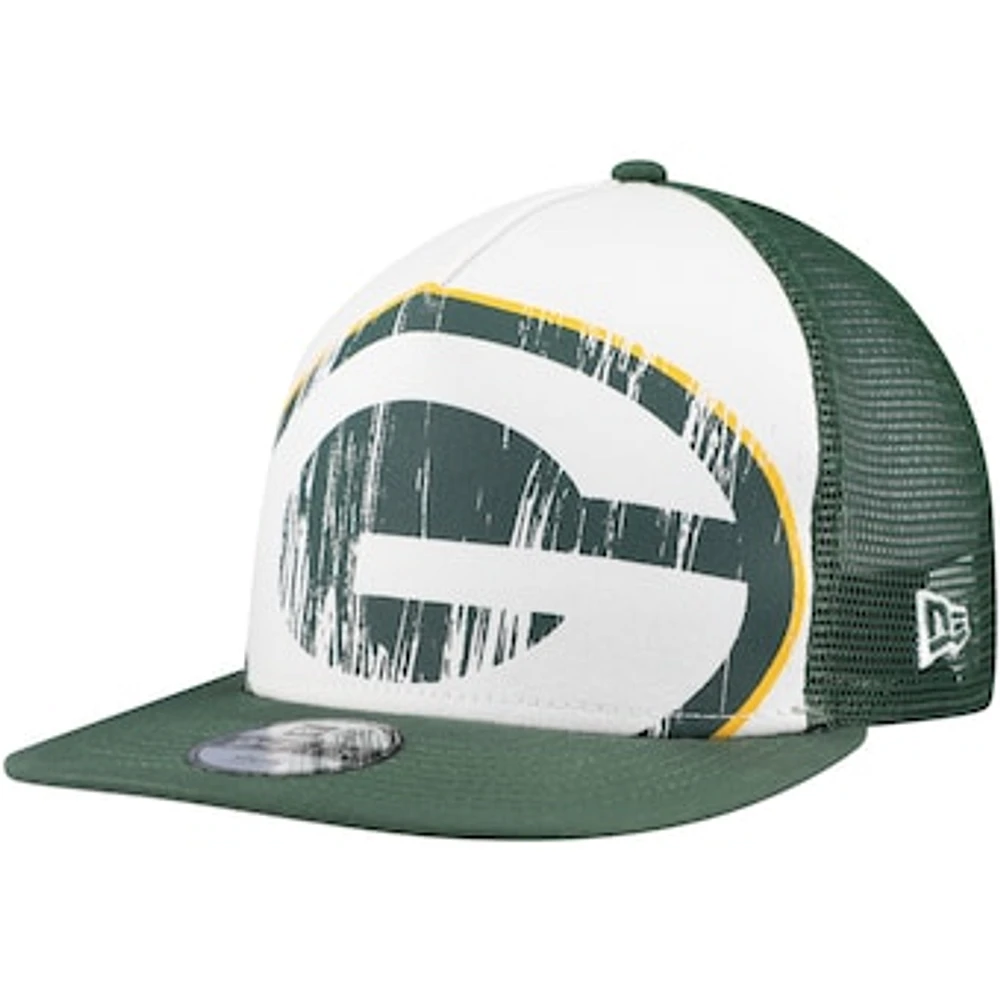 Youth New Era White/Green Green Bay Packers Distressed 9FIFTY A-Frame Snapback Hat